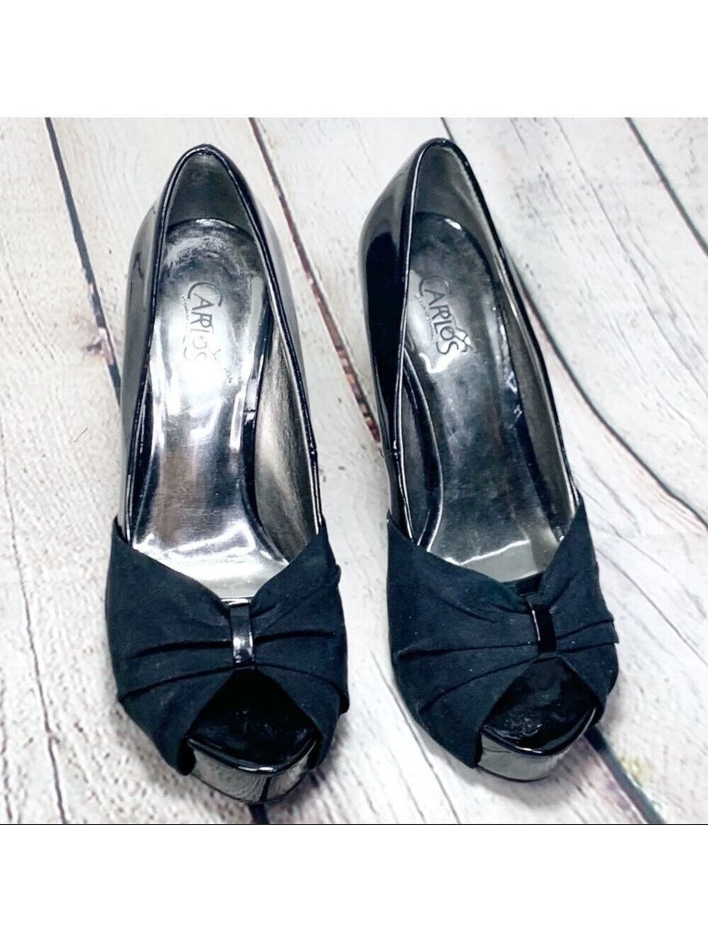 EUC-Carlos By Carlos Santana Black Patent Leather/Suede Peep-Toe Platform Heels